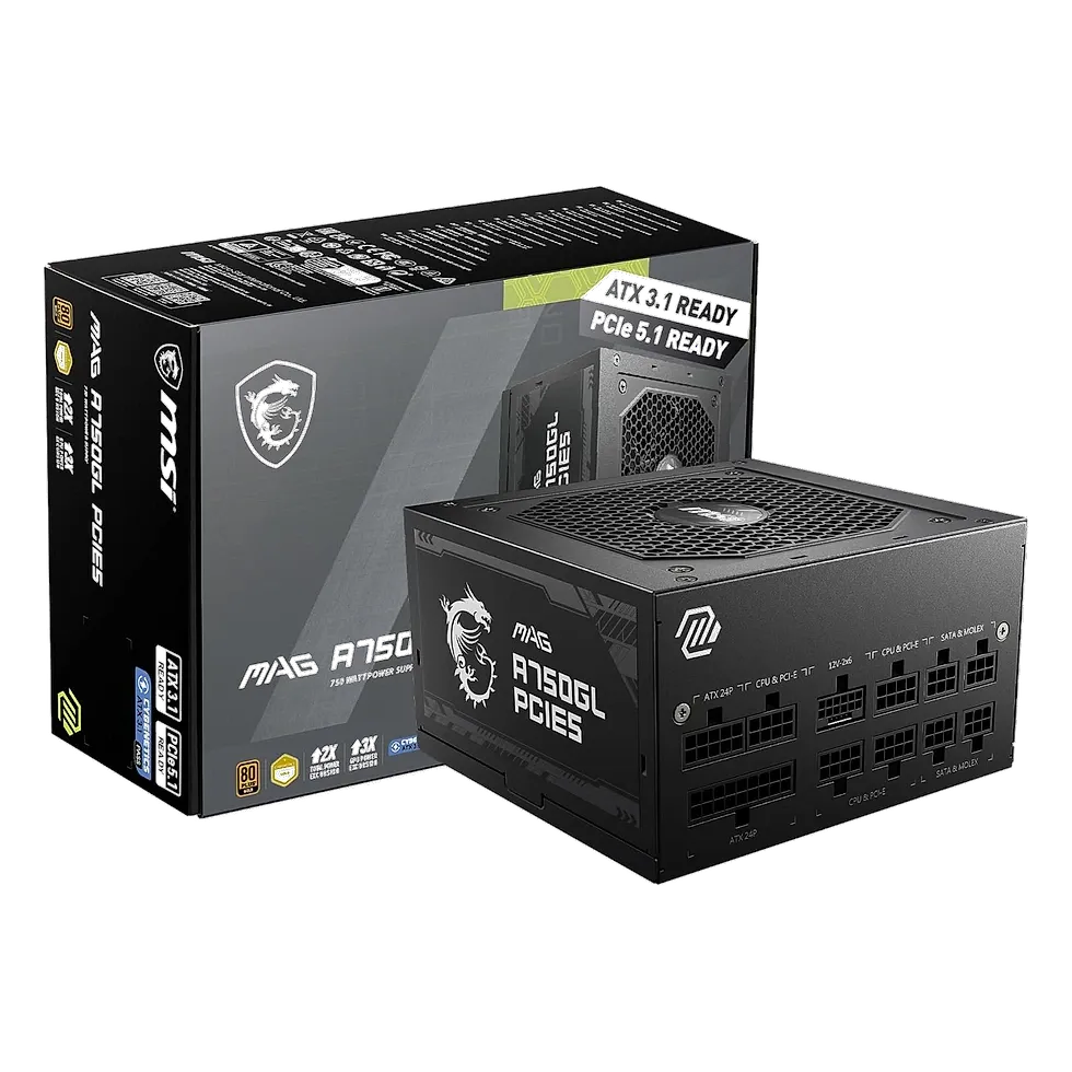 Fonte de Alimentação MSI MAG A750GL PCIE5-750W, 80 Plus, Gold, PFC Ativo, Full Modular MSI MAG A750GL PCIE5 750W em imagem oficial de produto da Amazon