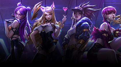 Personagens K/DA em destaque no jogo da Riot Games Personagens do K/DA em ação, representando a skin do jogo da Riot Games