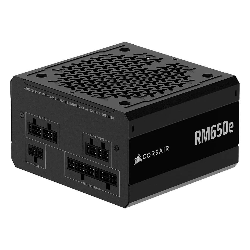 CORSAIR RM650e (2025) Fonte de alimentação ATX de baixo ruído totalmente modular com cabo 12V-2x6 – Compatível com ATX 3.1 e PCIe 5.1, eficiência Cybenetics Gold, capacitores 105°C, modo de espera Corsair RM650e em imagem oficial de produto da Amazon