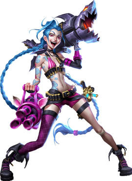 Jinx do League of Legends em ação Personagem Jinx do jogo League of Legends com sua arma icônica em um fundo vibrante