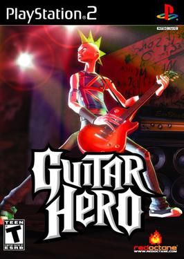 Cena emocionante do jogo Guitar Hero 2 no console PS2, com guitarras e notas musicais.